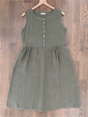 Nina Kendosa Paris Round Neck Linen Sleevless Midi Dress Olive Green Medium